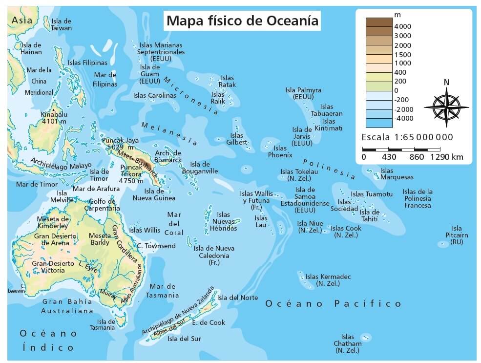 Mapa fÃ­sico de OceanÃ­a